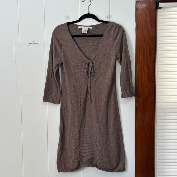 Y2K Max Studio Brown Ribbed V-Neck Sweater Dress Medium - Picture 1 of 4